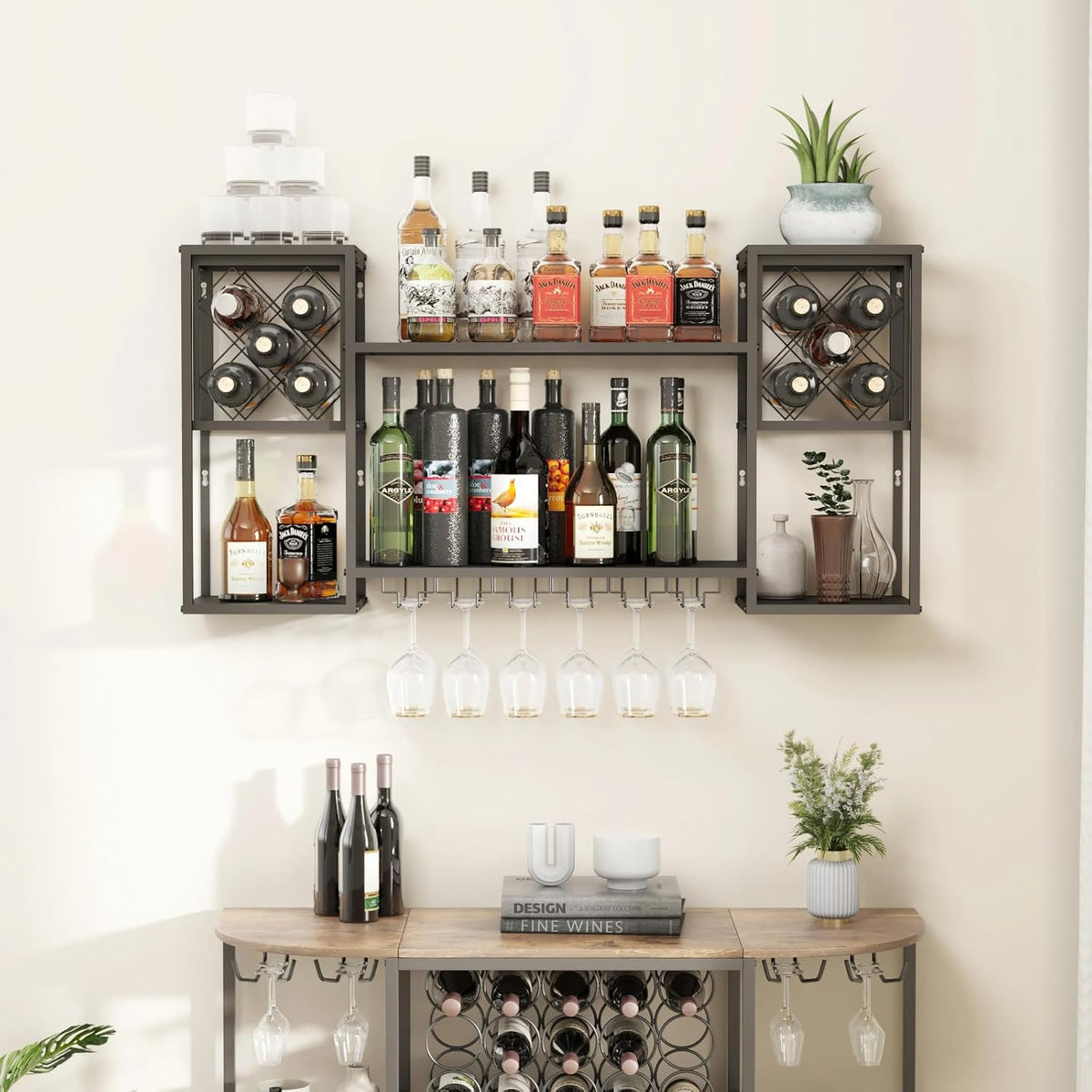 Wall Mounted Wine Rack with Glass Holder,Metal Floating Bar Liquor Shelves 2 Tier,Wine Glass Rack