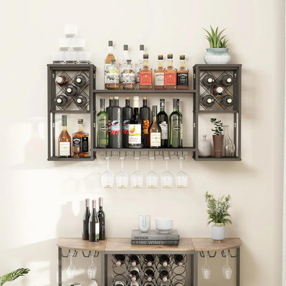 Wall Mounted Wine Rack with Glass Holder,Metal Floating Bar Liquor Shelves 2 Tier,Wine Glass Rack