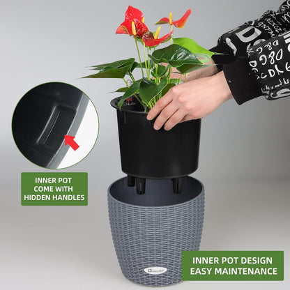 Dexceder 9x8 Inches Rattan Self Watering Planter Indoor Outdoor, Inner Pot Design, Thickened Table