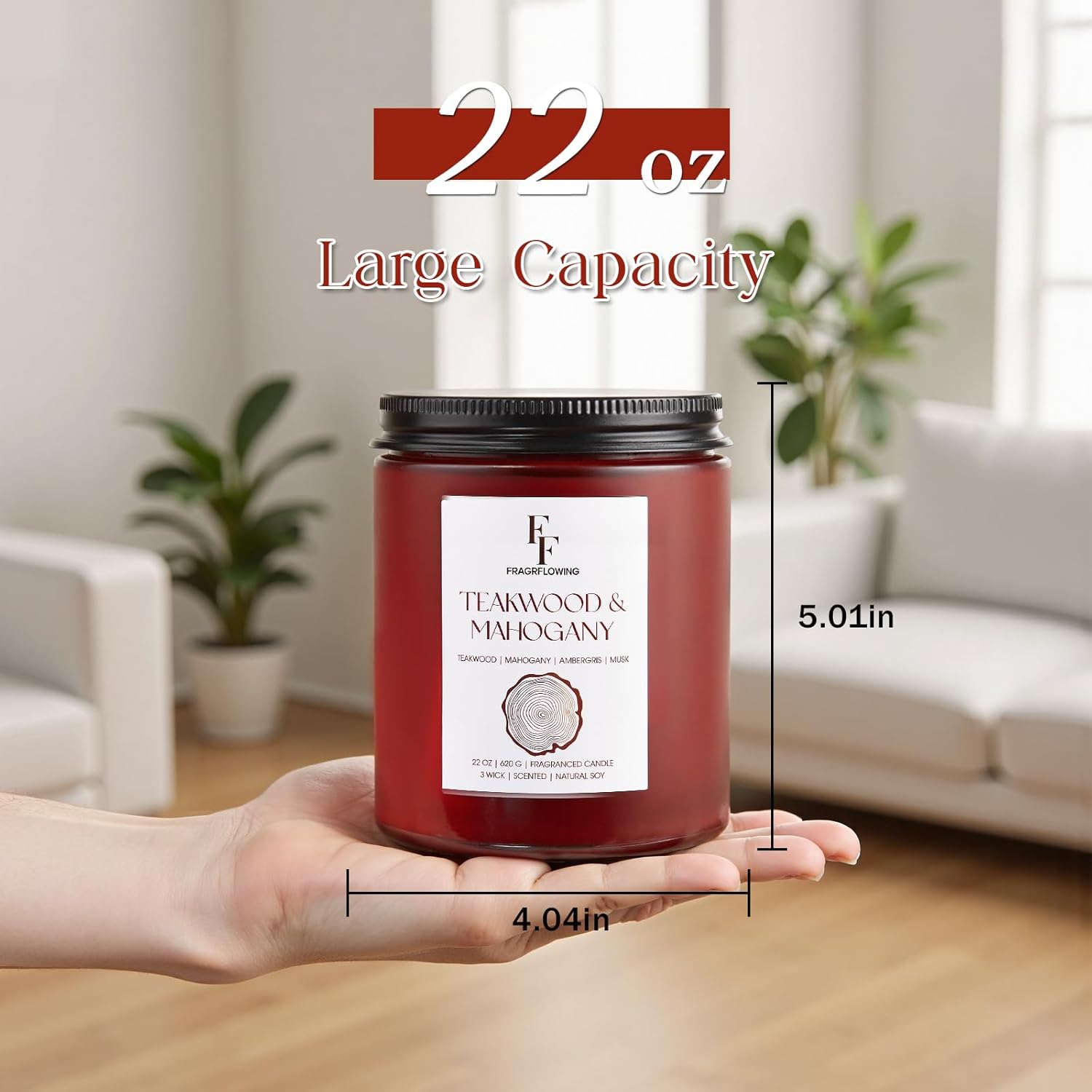 Teakwood & Mahogany Large Scented Candle, 3-Wick 22oz Long Lasting Scented Candle, Natural Soy Wax