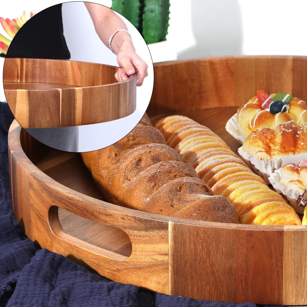 Extra Large Round Serving Tray, 20INCH, Heavy Duty Acacia Wood Trays for Big Ottoman Coffee Table