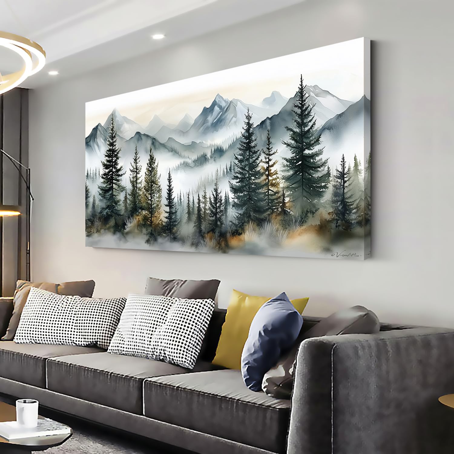 LASMOND Watercolor Forest Wall Art for Living Room Modern Mountain Canvas Painting Prints Foggy