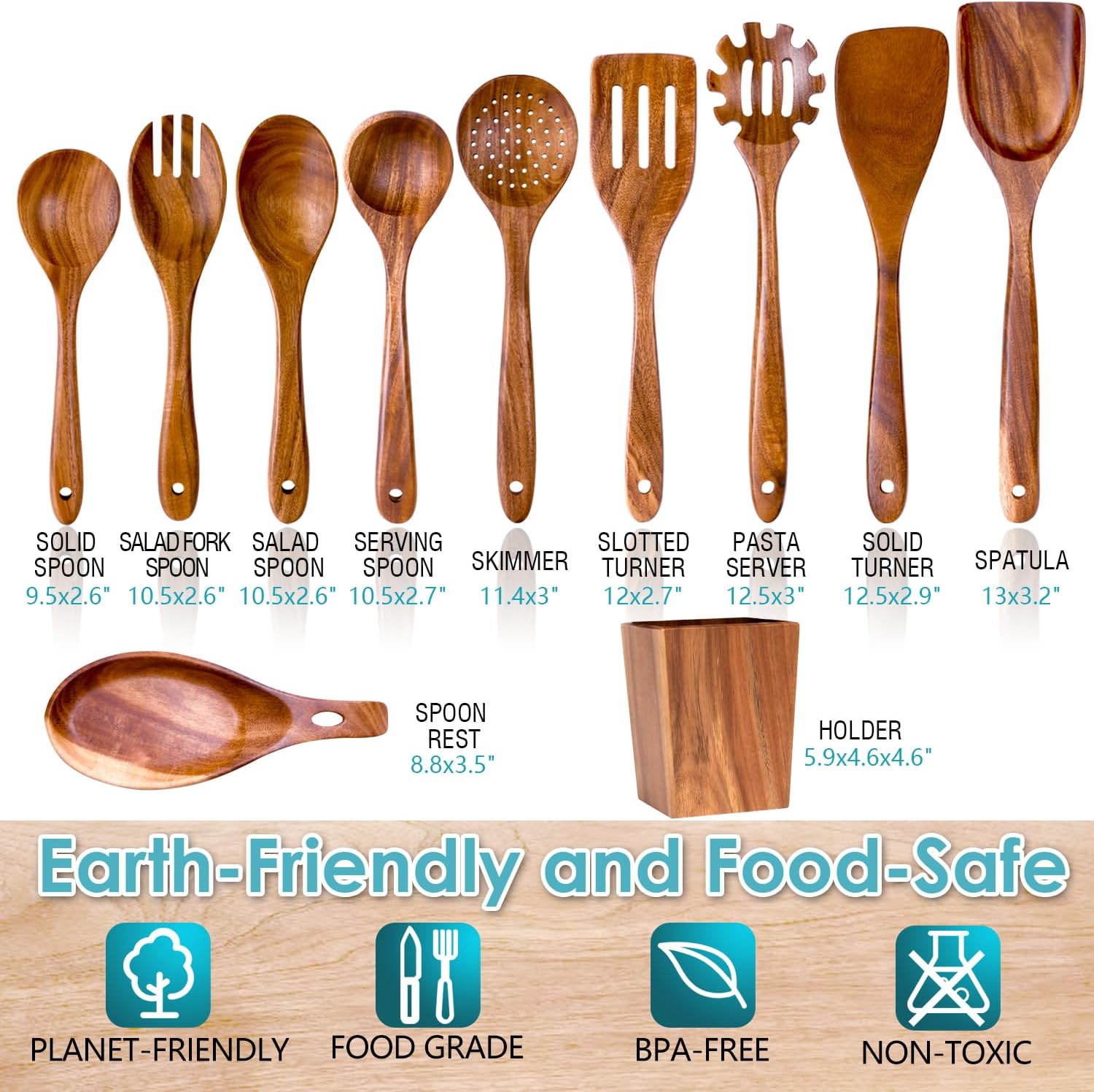 Wooden Spoons for Cooking, Acacia Wood Cooking Utensils Set – 11 Piece Wooden Kitchen Tools with