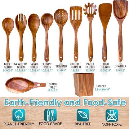 Wooden Spoons for Cooking, Acacia Wood Cooking Utensils Set – 11 Piece Wooden Kitchen Tools with