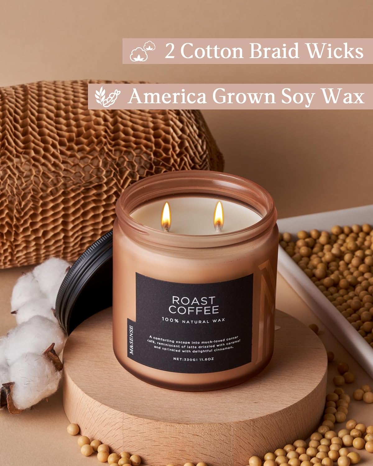 M&SENSE Coffee Candles Scented Strong, 2 Wick 11.6oz 70 Hours Burning Time Organic Natural Soy Wax