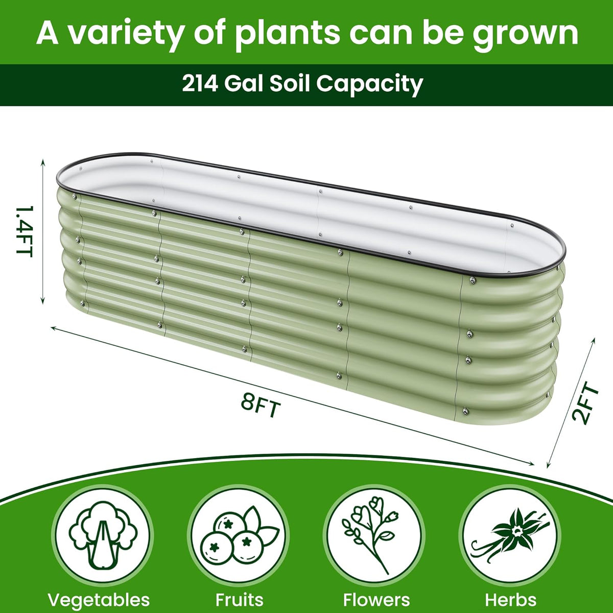 8 X 2 X 1.4 Ft Galvanized Raised Garden Bed,Sturdy and Easy to Assemble Oval Raised Planter Beds