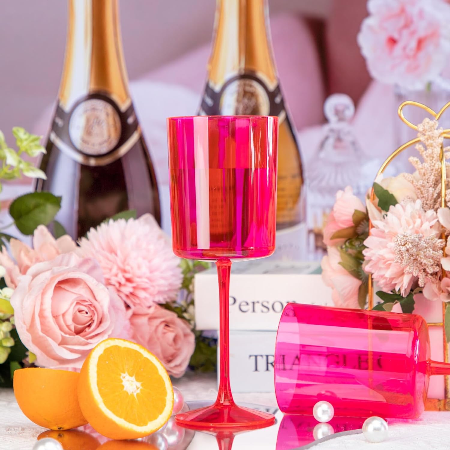 Ciaell 12 Pack Plastic Wine Glasses - 10Oz Hot Pink Plastic Wine Glasses With Stem - Disposable
