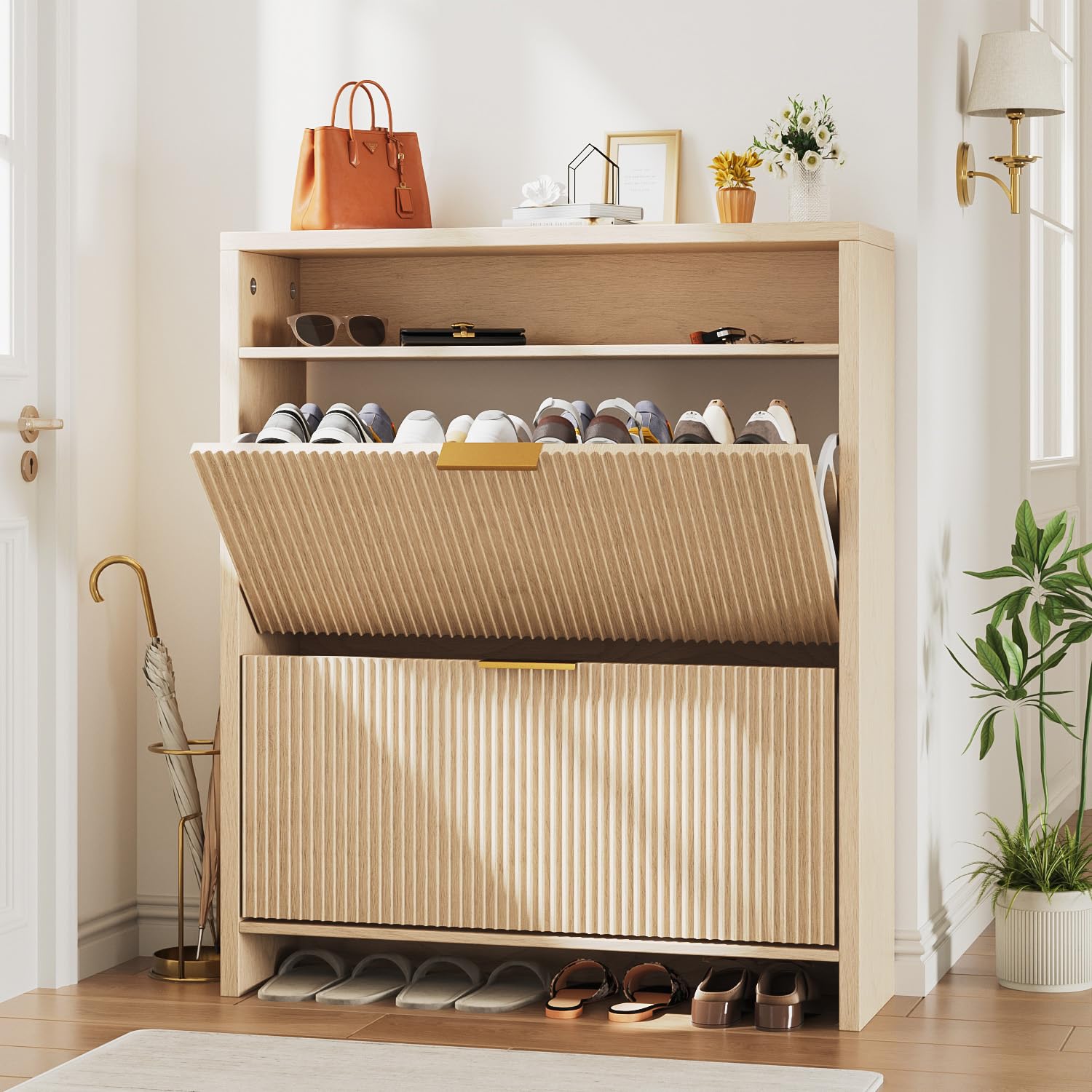 Angel Sar 31.5" Fluted Shoe Cabinet Storage for Entryway