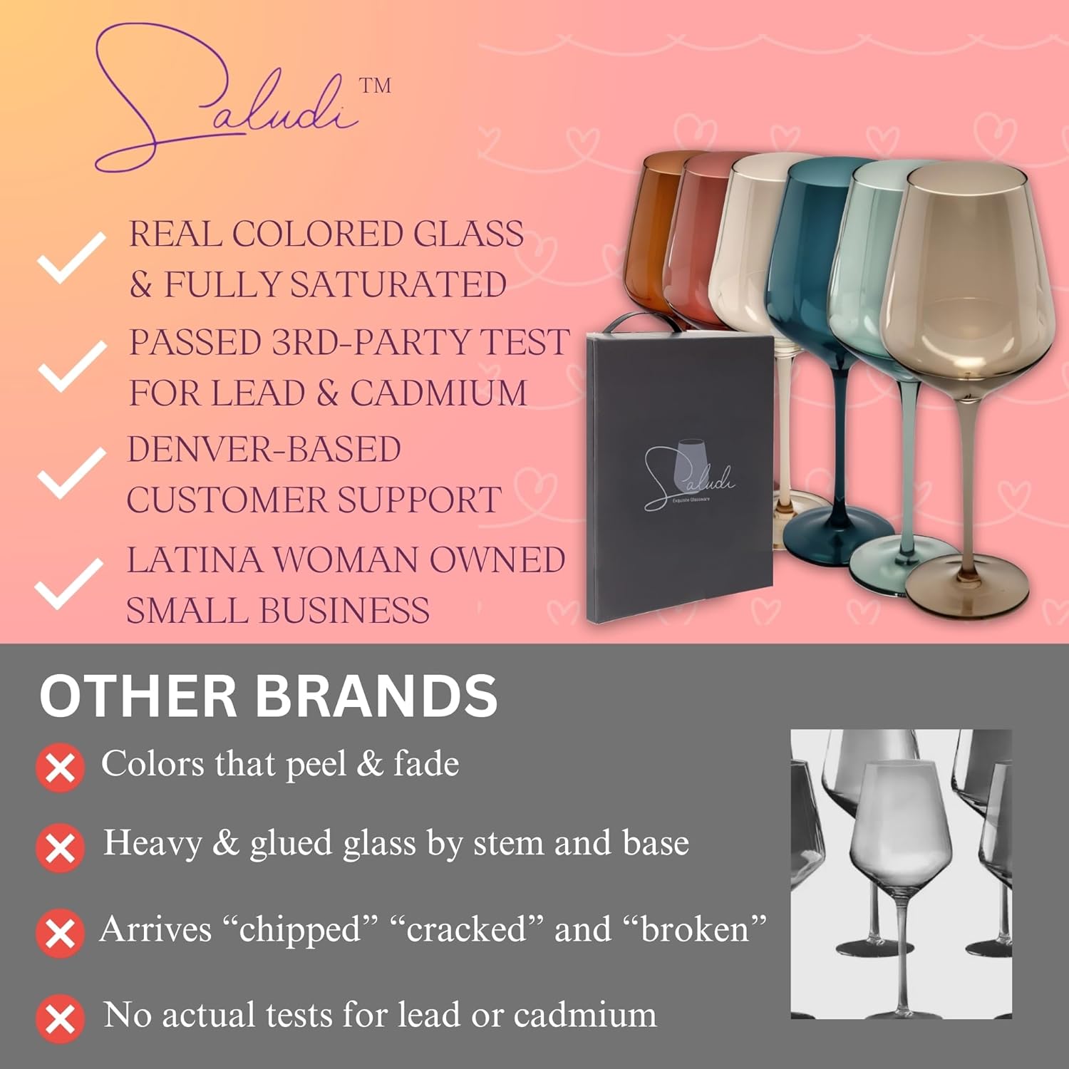 Saludi Colored Wine Glasses, 16.5oz (Set of 6) Stemmed Multi-Color Glass - Great for all Wine Types