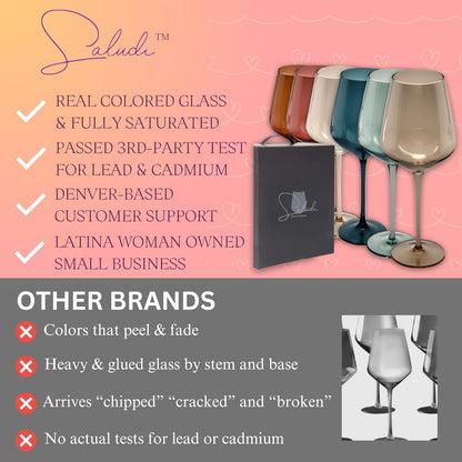 Saludi Colored Wine Glasses, 16.5oz (Set of 6) Stemmed Multi-Color Glass - Great for all Wine Types