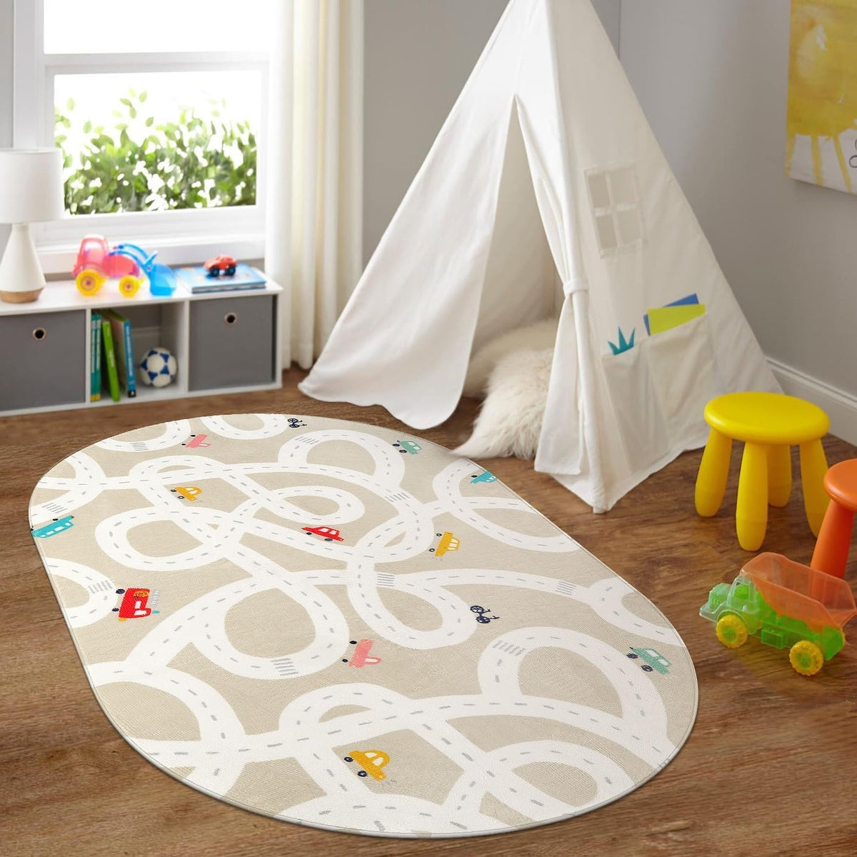 STARUIA Large Kids Rug for Playroom, 4'x6' Washable Road Rug for Nursery, Non-Slip Car Rugs for