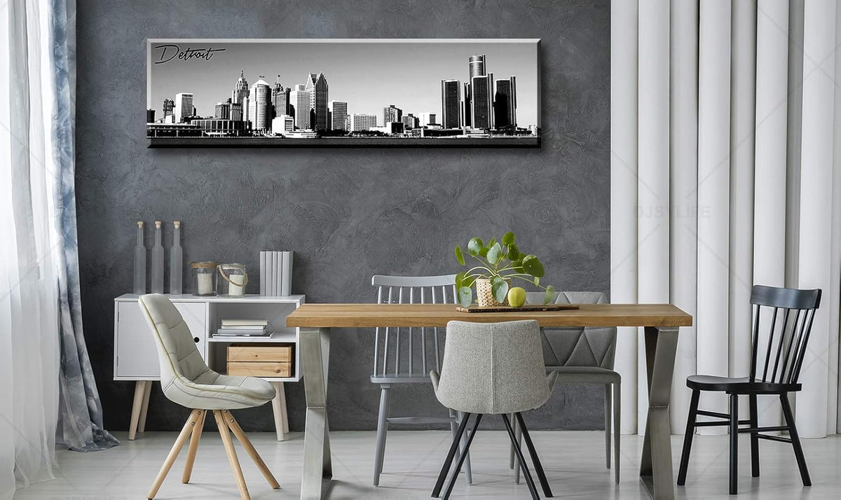 DJSYLIFE Detroit Skyline Wall Art Black and White Canvas Prints USA Skyscraper Panoramic Cityscape