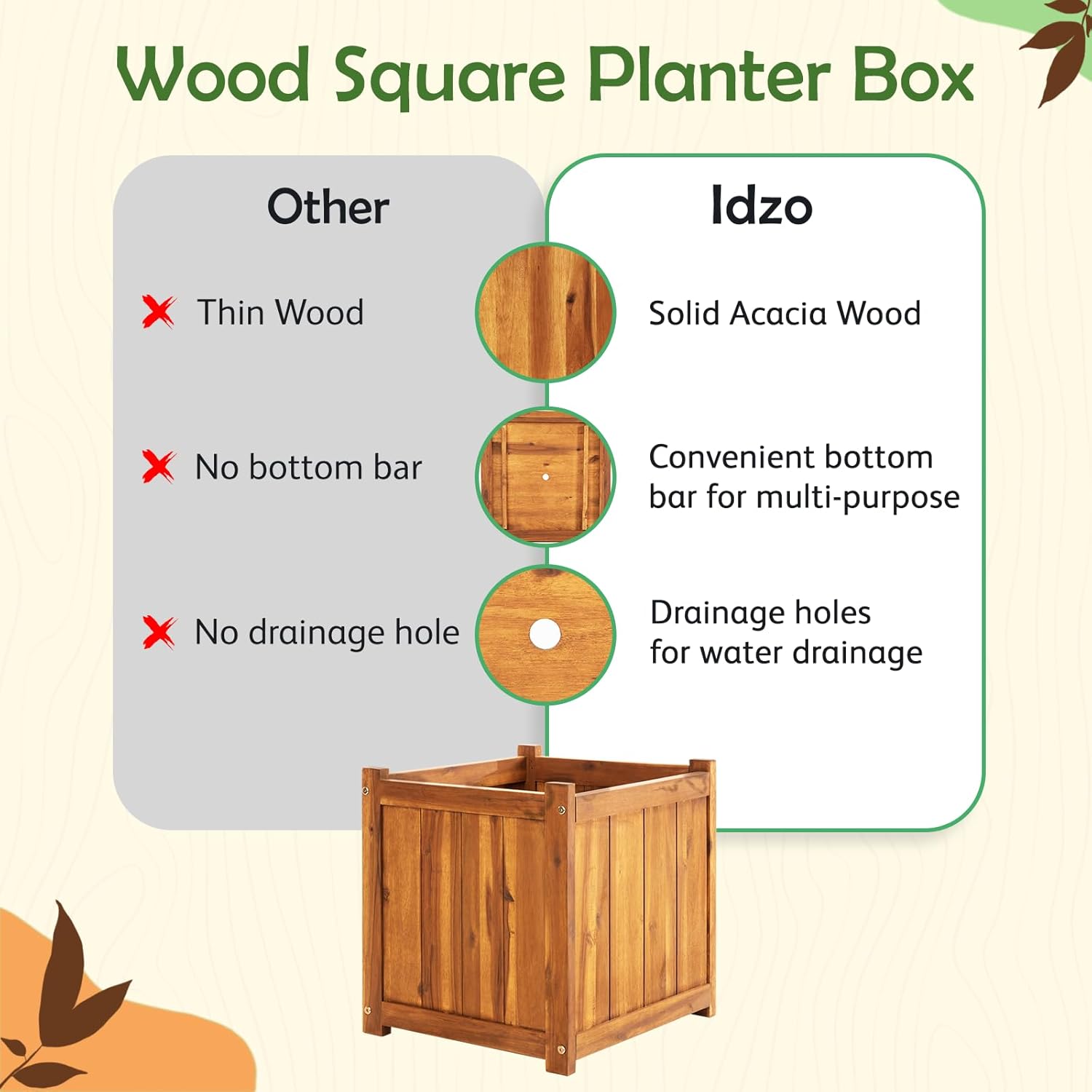 Idzo Hardwood Outdoor Flower Box, Durable Acacia Wood Flower Boxes for Outdoor Plants with