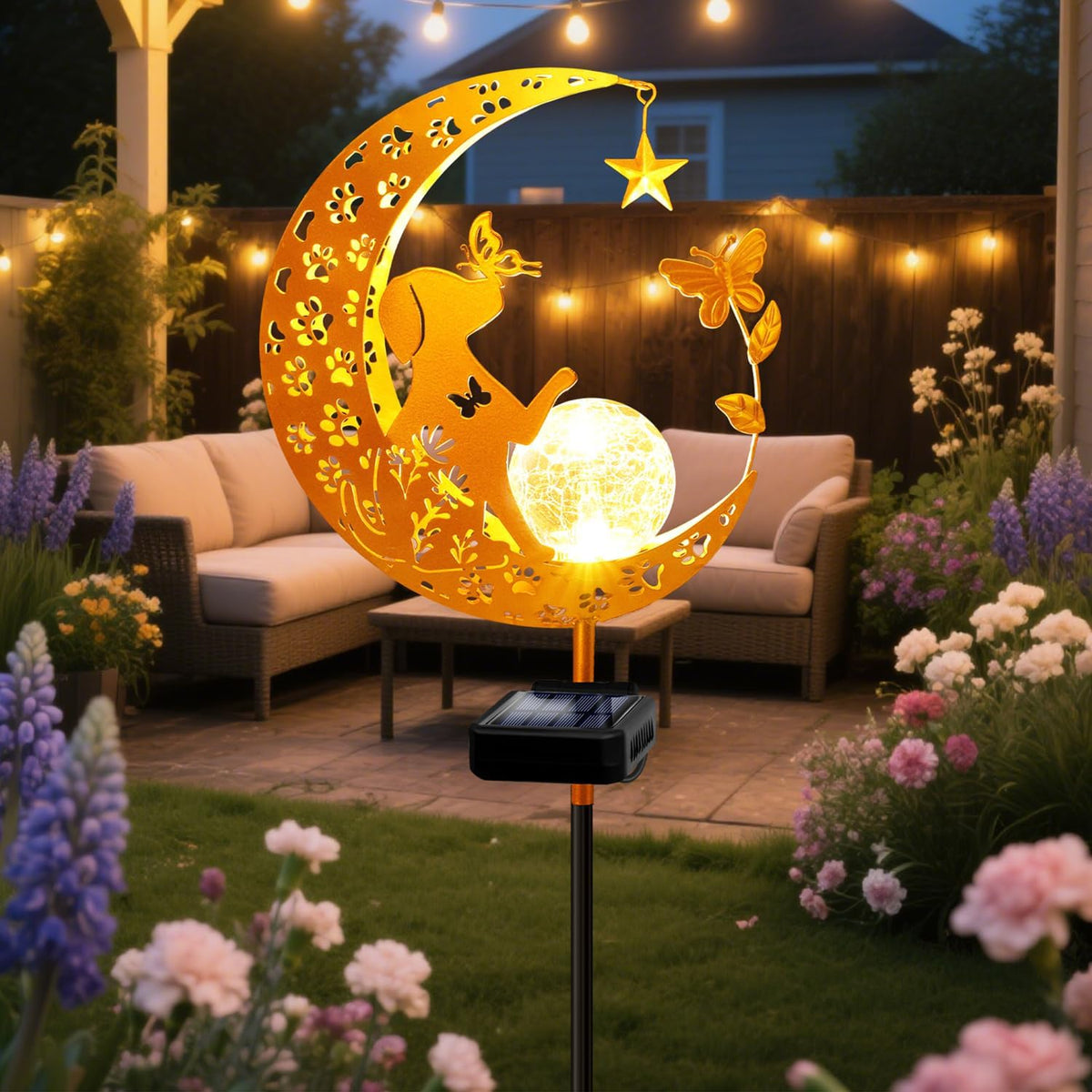 YJFWAL Garden Solar Dog Lights Pathway Stake Lights Glass Globe with Moon Dog Decor, Gifts for Mom