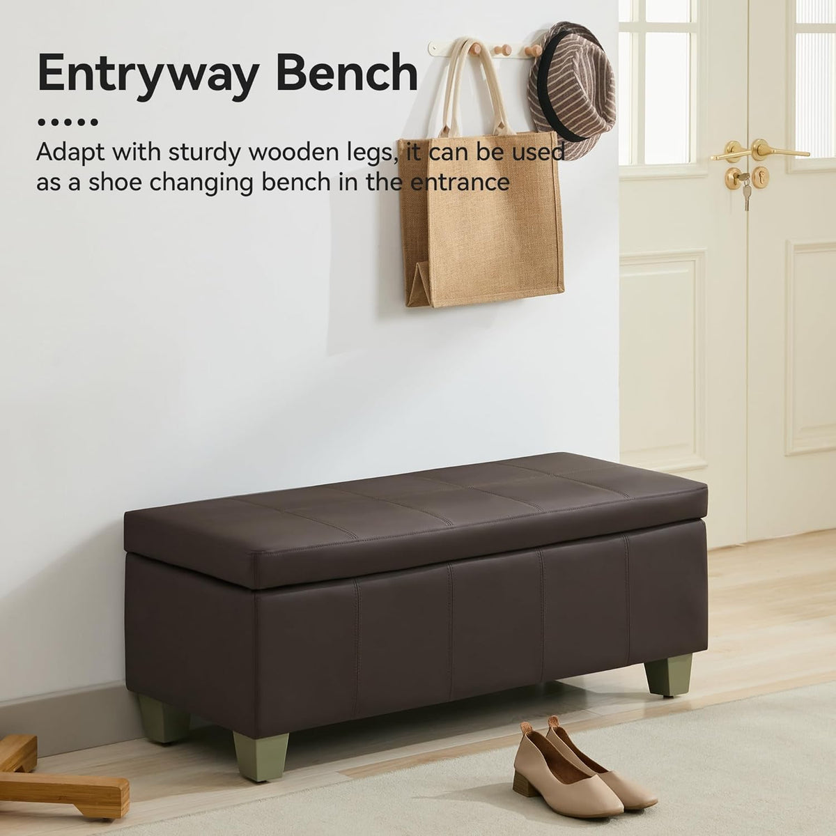 41" Faux Leather Storage Ottoman, Stitch Tufted Rectangle Upholstered End of Bed Storage Bench