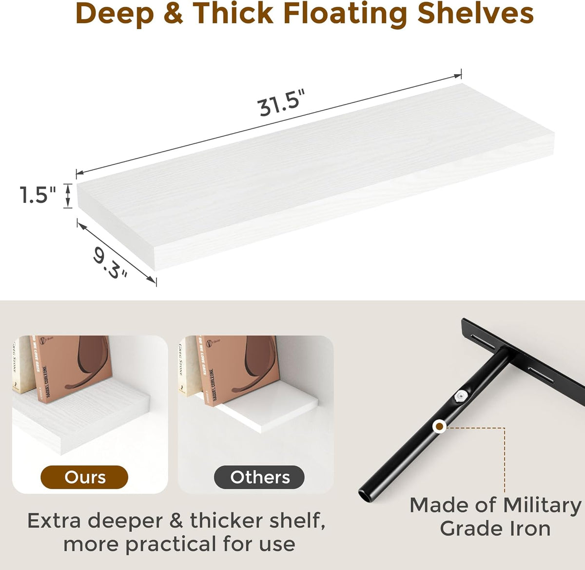 Fun Memories White Floating Shelves 32 Inch Long, 9 Inch Deep Floating Bookshelf Wall Mounted
