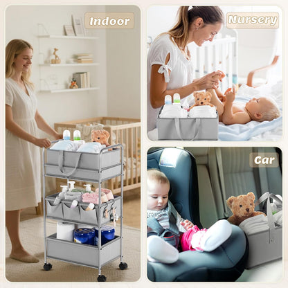 Honeydak 2in1 Baby Diaper Caddy Organizer Cart 3 Tier Large Capacity Metal Utility Bedside Rolling