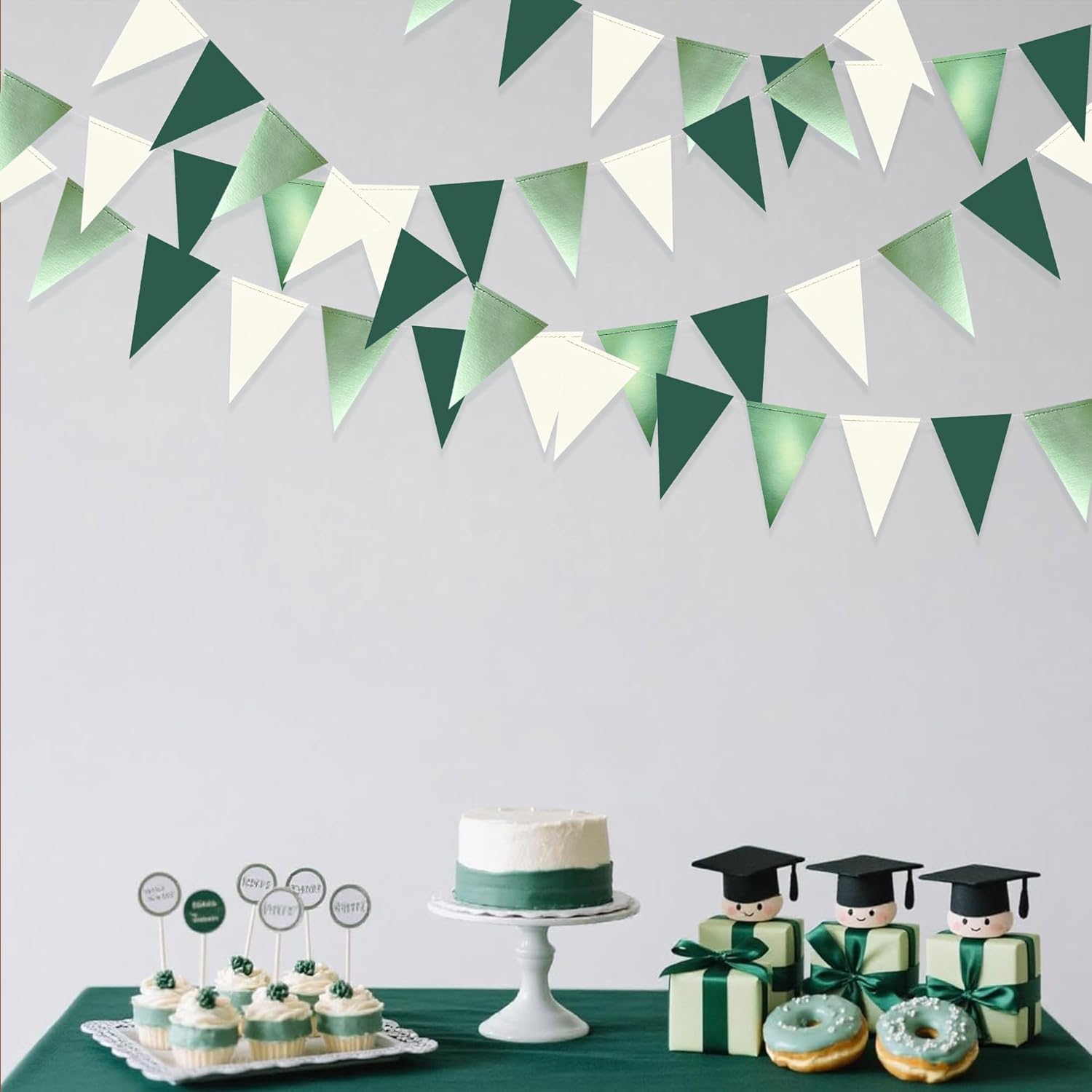 Sage Green Decorations Hanging Paper Pennant Banner Flag Green Beige Triangle Bunting Garland for