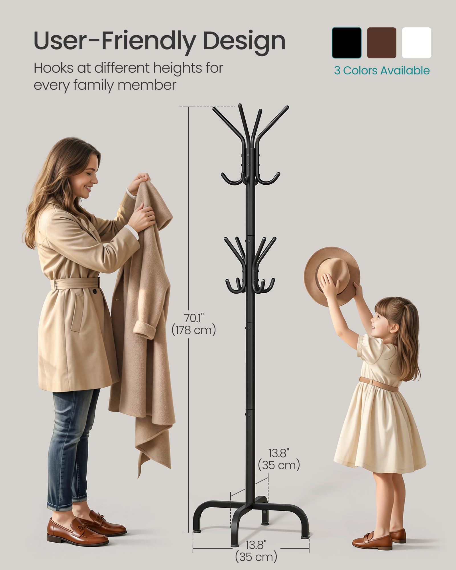 SONGMICS Coat Rack Freestanding with 16 Hooks, Metal Coat Tree Stand with 4 Adjustable Feet