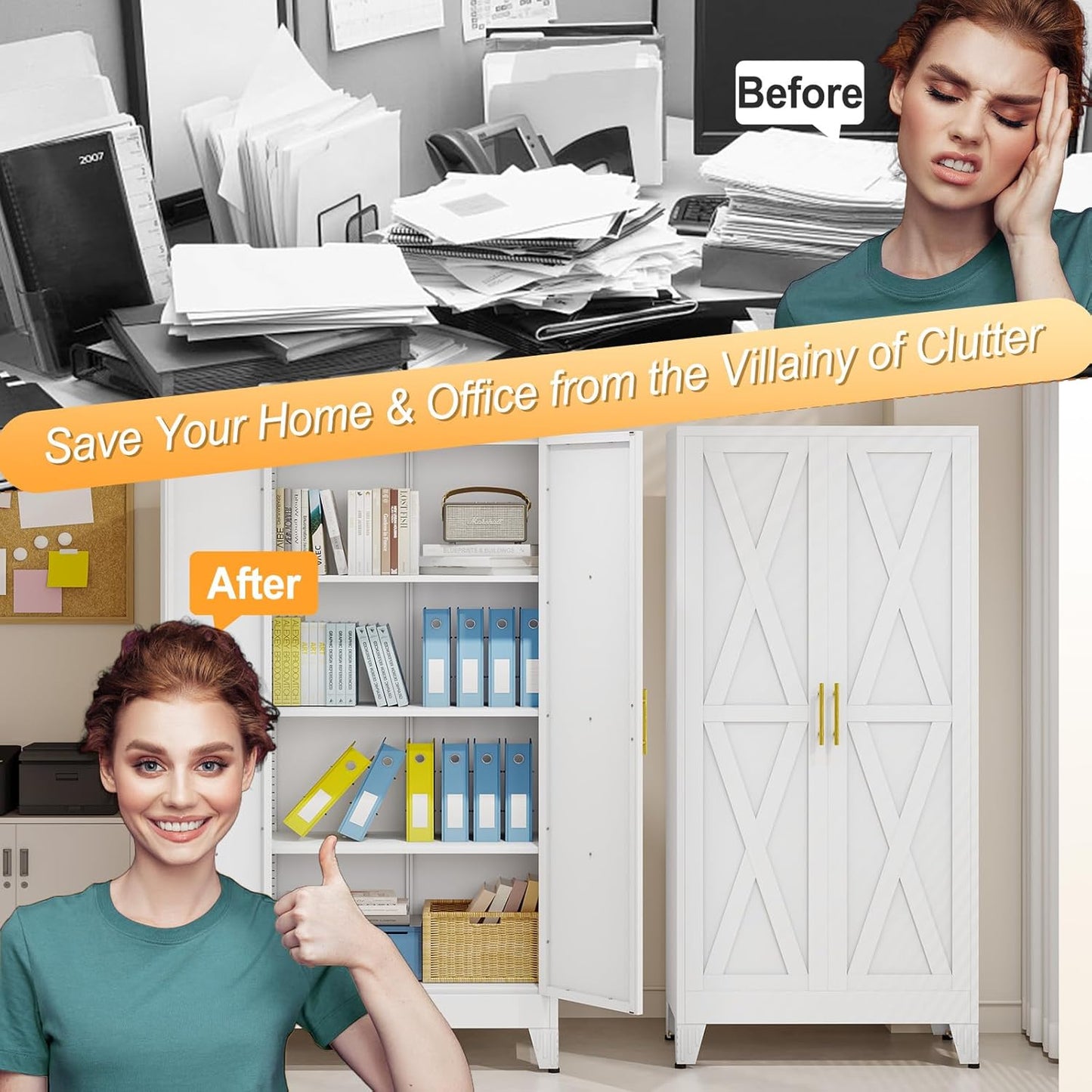 61" H Metal Kitchen Pantry Storage Cabinet, Freestanding Cupboard with 2 Doors and 3 Adjustable
