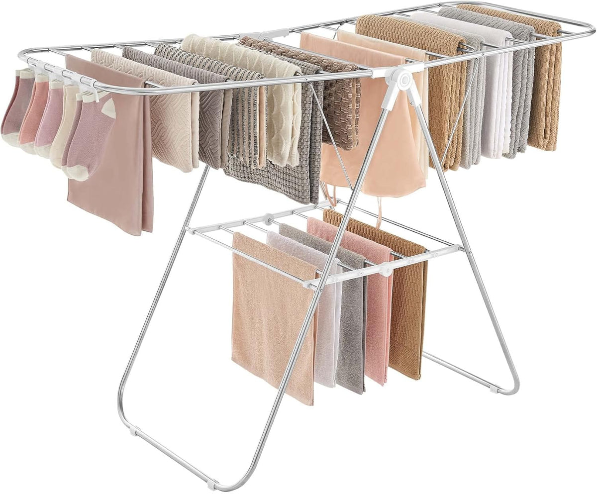 SONGMICS Clothes Drying Rack, with Sock Clips, Metal Laundry Rack, Foldable, Space-Saving