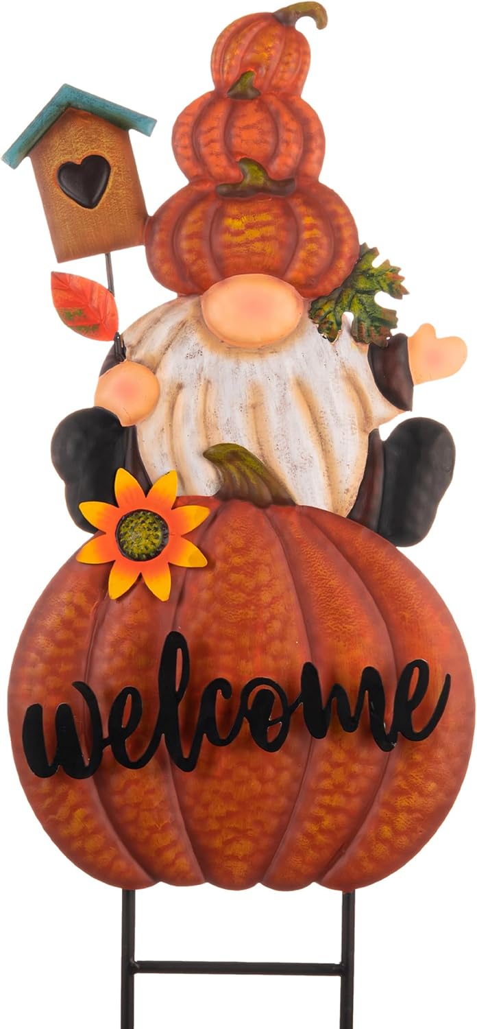 TERESA'S COLLECTIONS Fall Gnome Pumpkin Decorations for Outdoor Home, Metal Fall Decor Welcome
