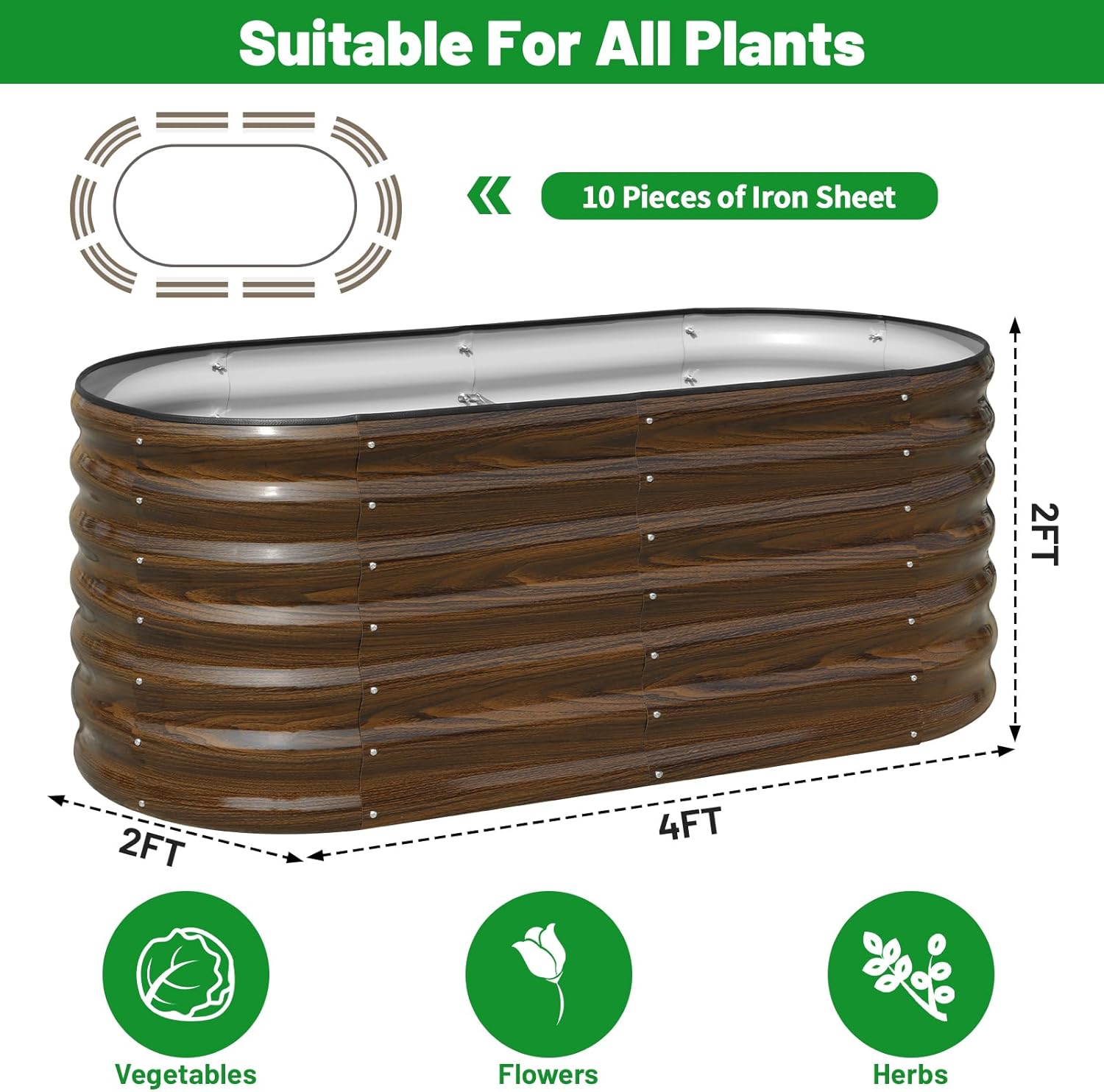 SnugNiture Galvanized Steel Raised Garden Bed, 4x2x2 ft, Outdoor Oval Deep Root Planter Box for