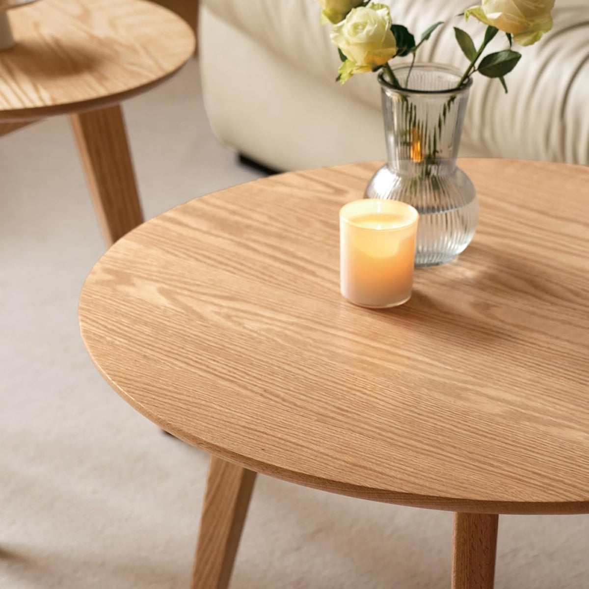 100% Solid Oak Wood Coffee Table Set, Round Coffee Table Combo Side Table w/Solid Wood Legs, Mid