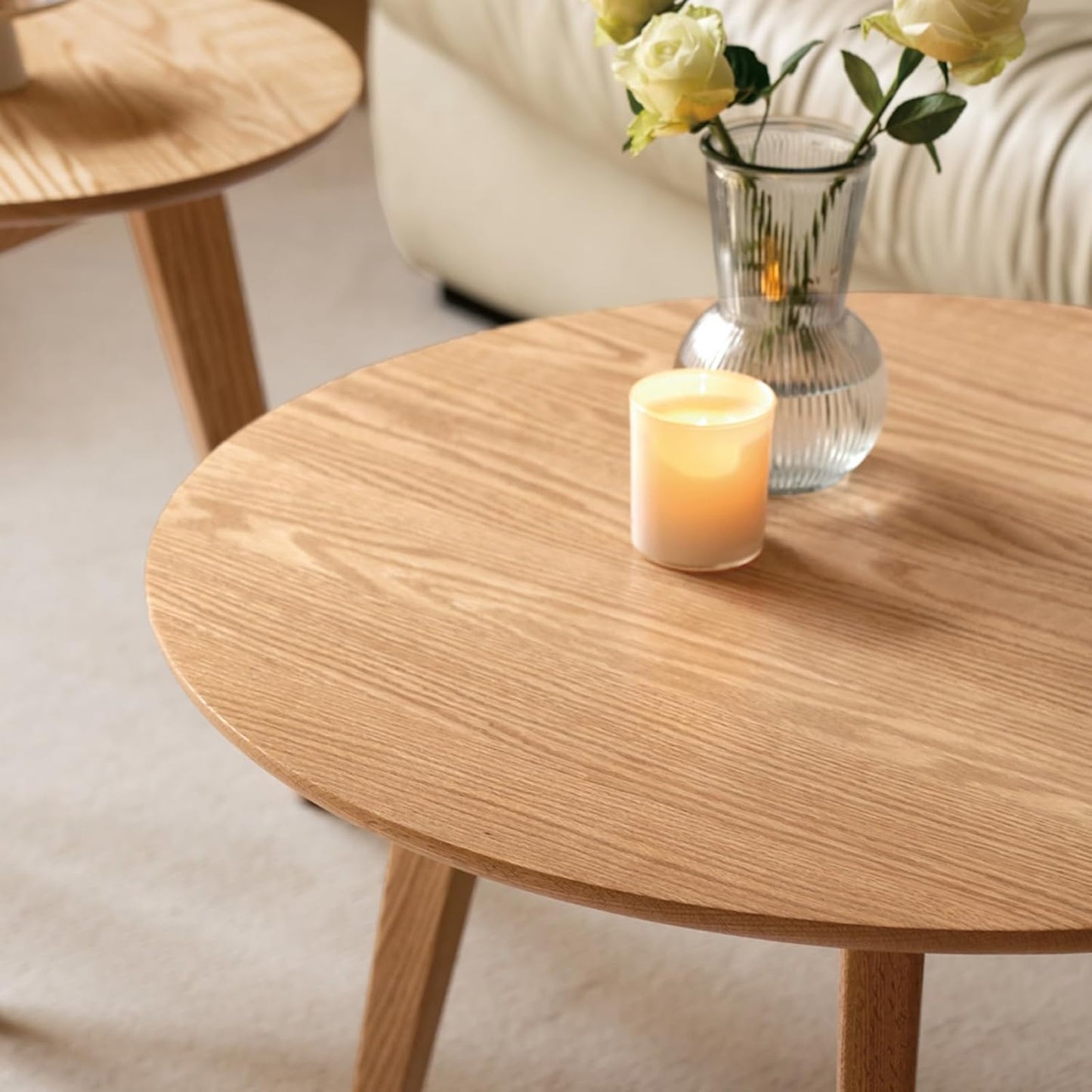 100% Solid Oak Wood Mini Coffee Table, Round Side Table w/Solid Wood Legs, Walnut Mid Century