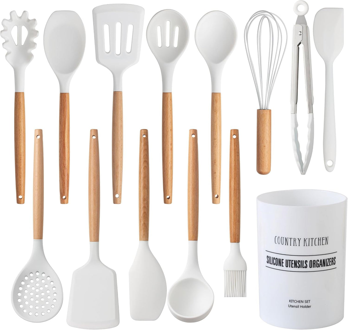 Country Kitchen Non Stick Silicone Utensil Set with Rounded Wood Handles for Cooking and Baking, 14