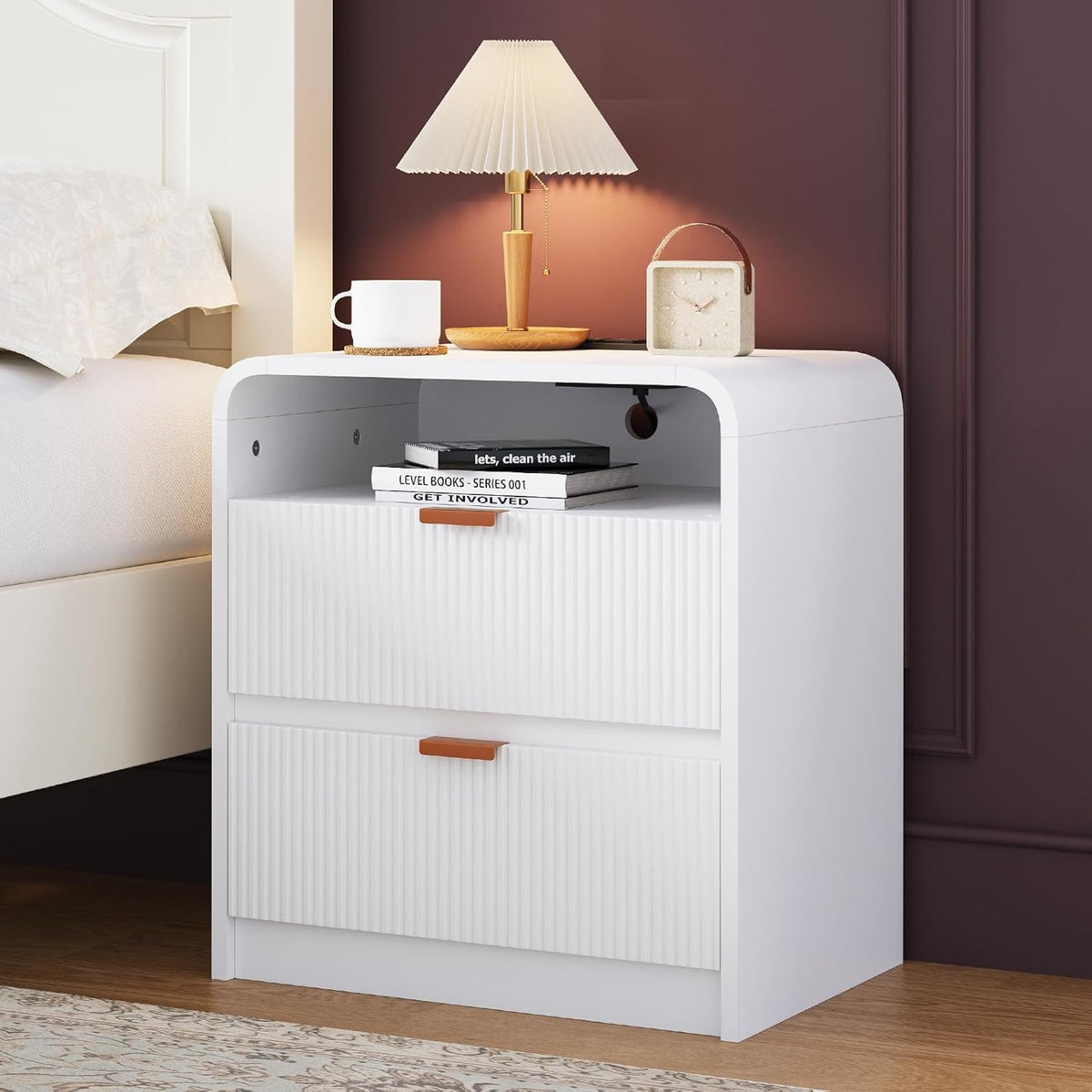 FURSUN 24" Fluted Nightstand Set of 2 with Charging Station, Wooden End Table with 2 Drawers