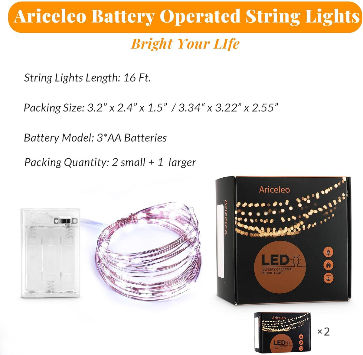 Led Fairy Lights Battery Operated, 2 Packs Mini Battery Powered Copper Wire Starry Fairy Lights for