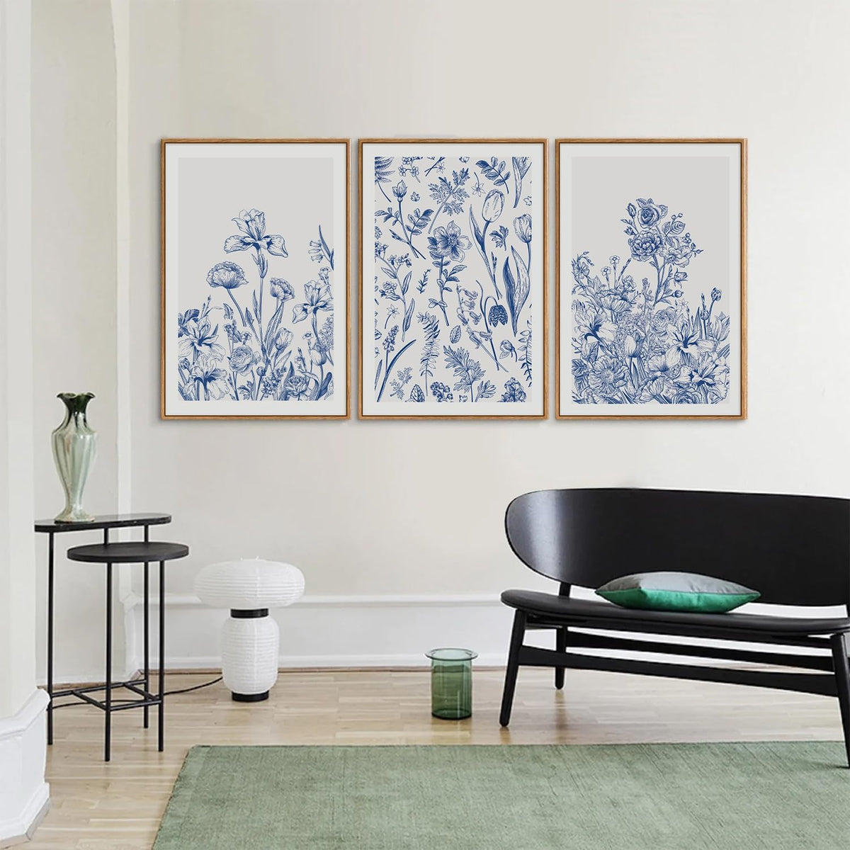 SIGNINART Classic Chinoiserie Framed Canvas Wall Art Set, Blue and White Floral Art Painting