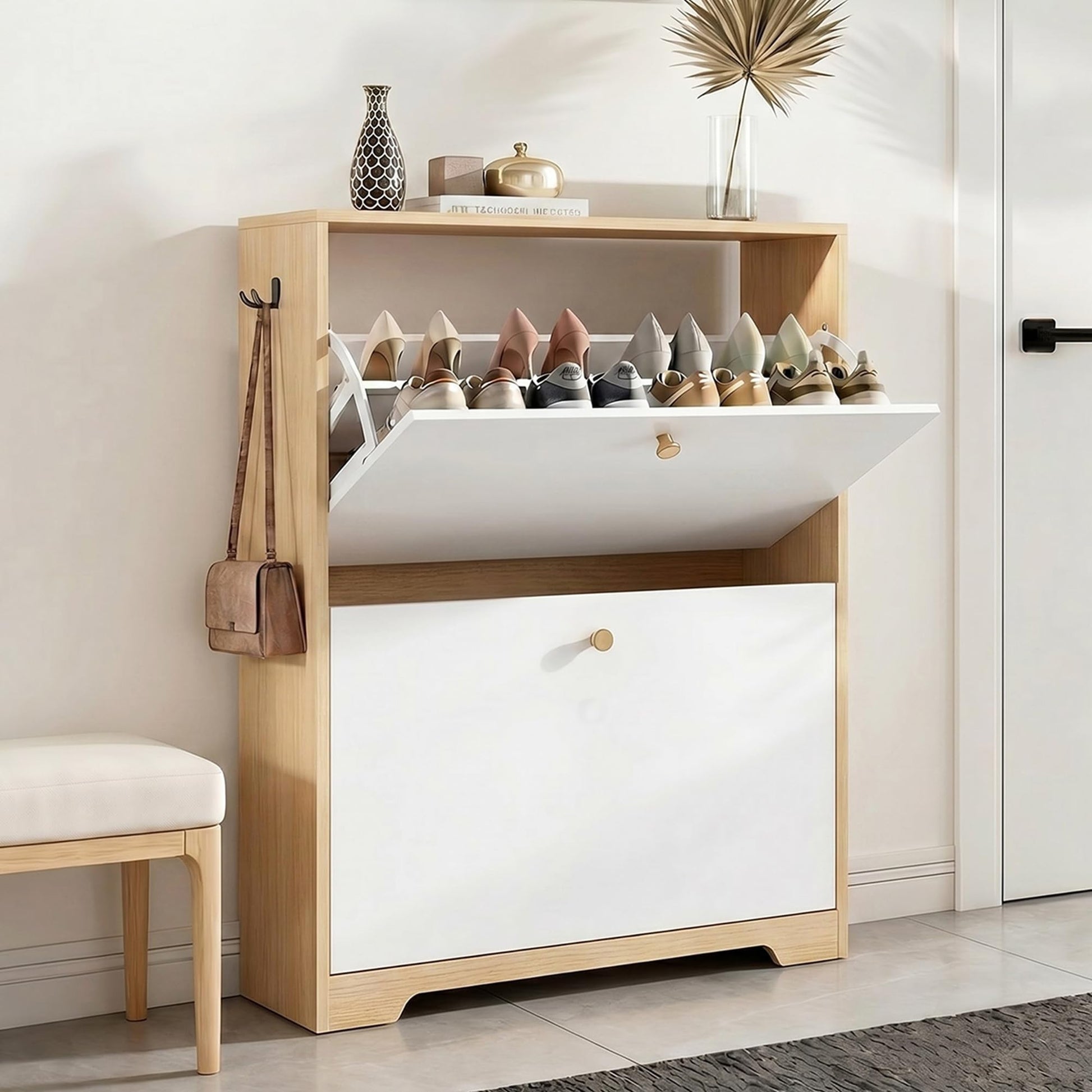 Nicetree Shoe Storage Cabinet with 2 Flip Drawers, Natural Oak and White