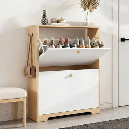 Nicetree Shoe Storage Cabinet with 2 Flip Drawers, Natural Oak and White