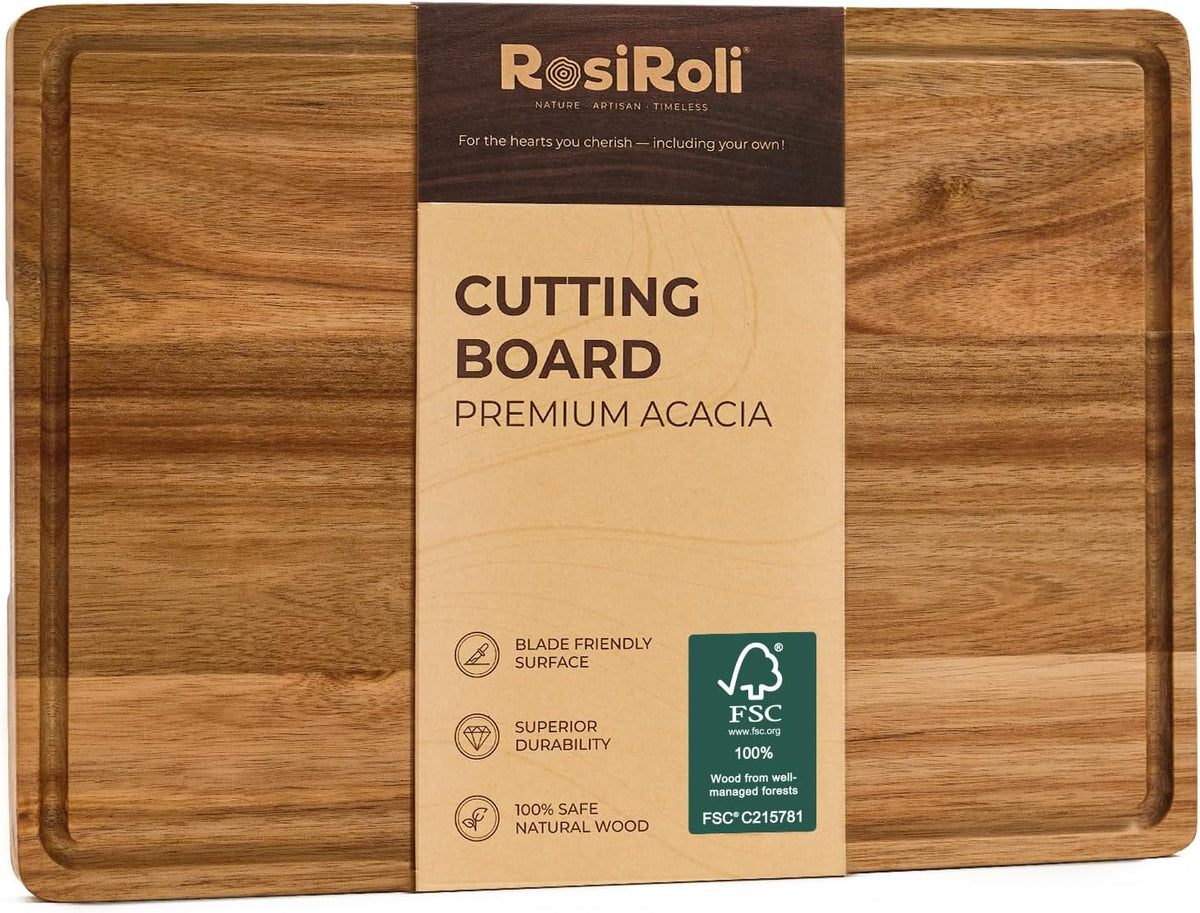 Acacia Wood Cutting Board for Kitchen - 1 inch Thick FSC Certified Wood Charcuterie Cheese Board