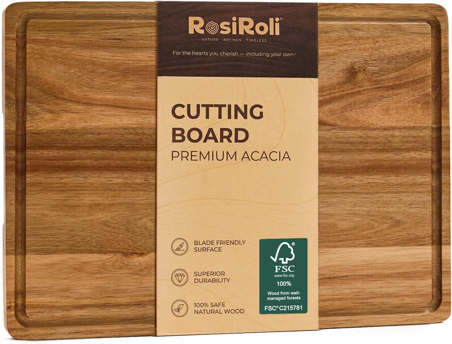 Acacia Wood Cutting Board for Kitchen - 1 inch Thick FSC Certified Wood Charcuterie Cheese Board