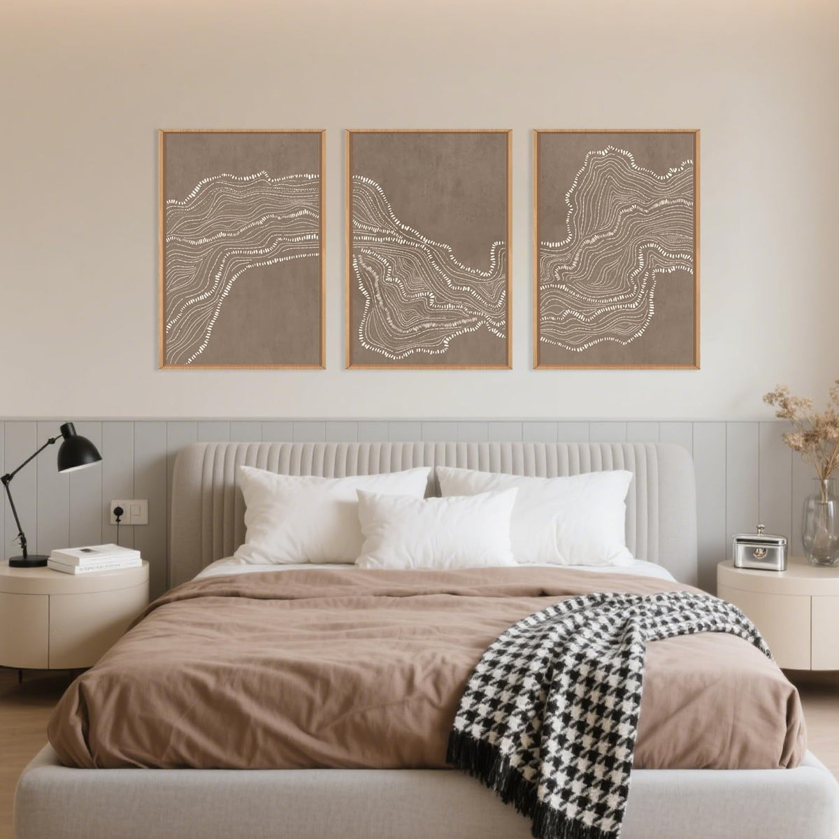 Geometric White Tan Wave Framed Canvas Wall Art Set, Abstract Line Art Painting, Modern Minimalism