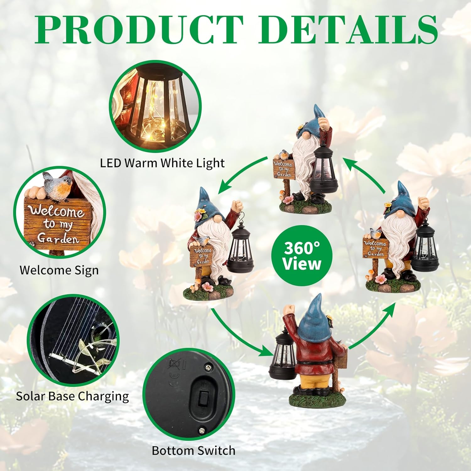 Garden Gnome Statues Figurine Lights - Solar Powered Lighting Outdoor Decorations with Lantern &