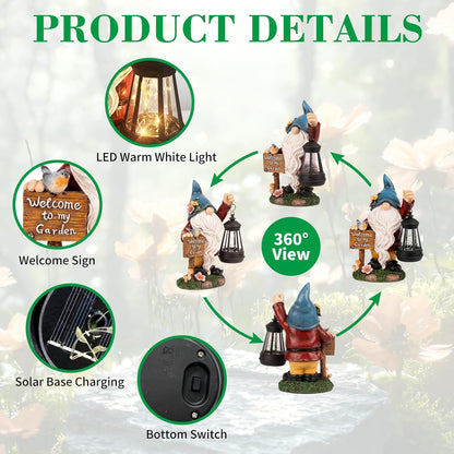 Garden Gnome Statues Figurine Lights - Solar Powered Lighting Outdoor Decorations with Lantern &