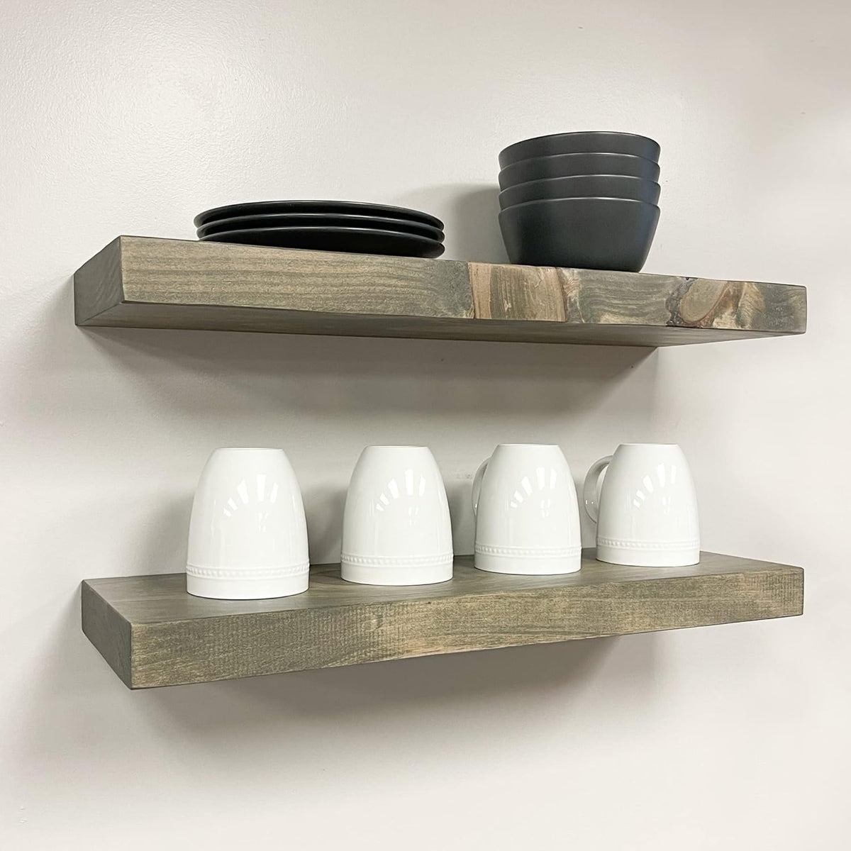 URBANDI, Rustic Floating Shelves, Set of 2, Hidden Bracket, Solid Wood, Heavy Duty, Wall Mounted