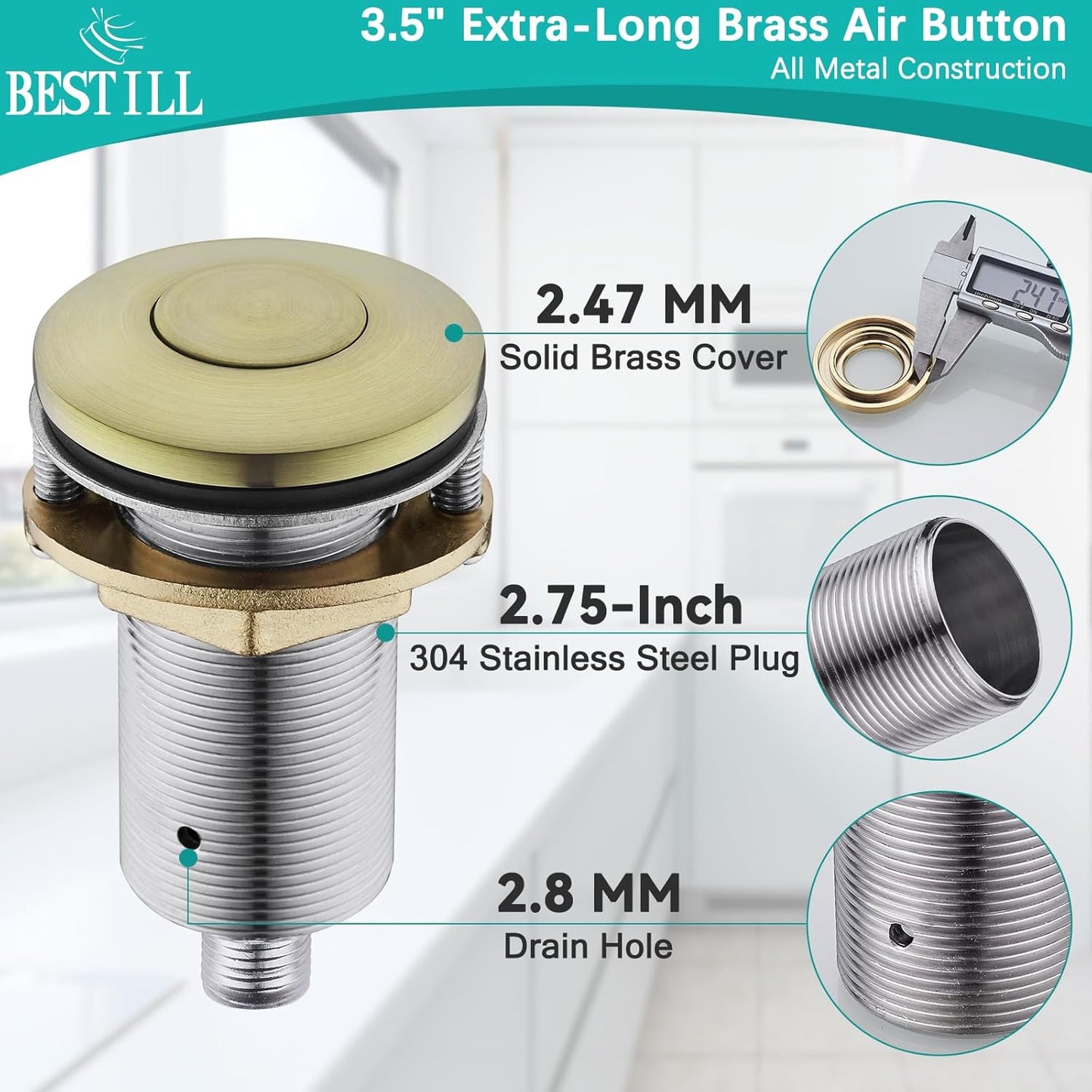 BESTILL Garbage Disposal Air Switch Kit - UL Listed, Brass 3.6" Long Push Button for Waste