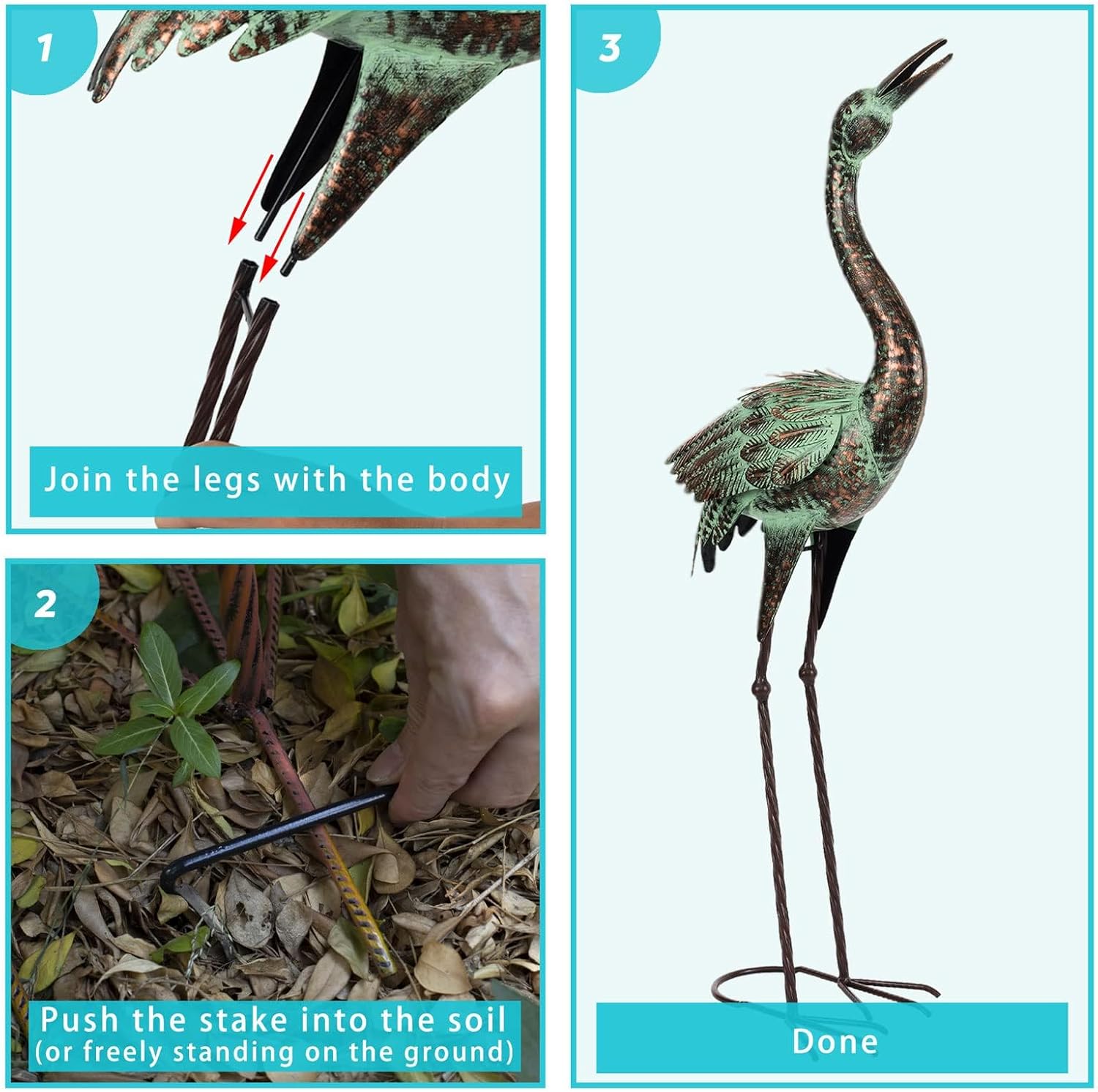 Shorayn Garden Crane Statues, Blue Heron Sculptures for Outdoor, Cranes Decor Metal Bird, Patina