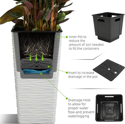 Worth Garden 2-Pack 22" H. White Square Tapered Planter with Inside Pots - Plastic Plant Pots for