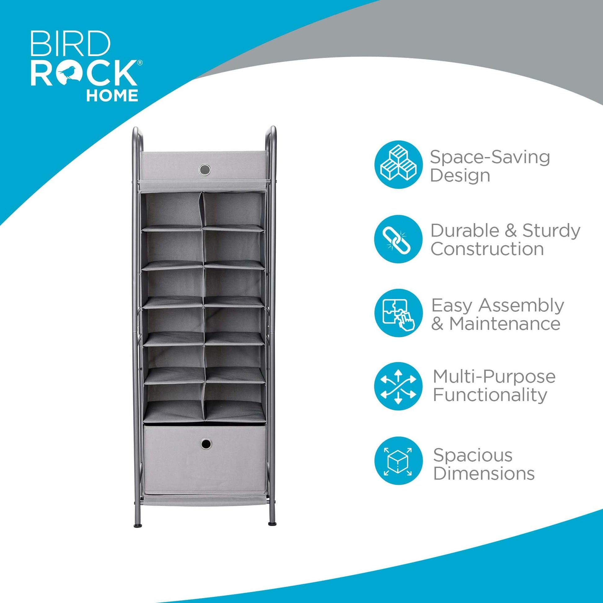 BIRDROCK HOME 12 Cubby Vertical Shoe Rack Organizer with Large Drawer - Grey - Free Standing Tower