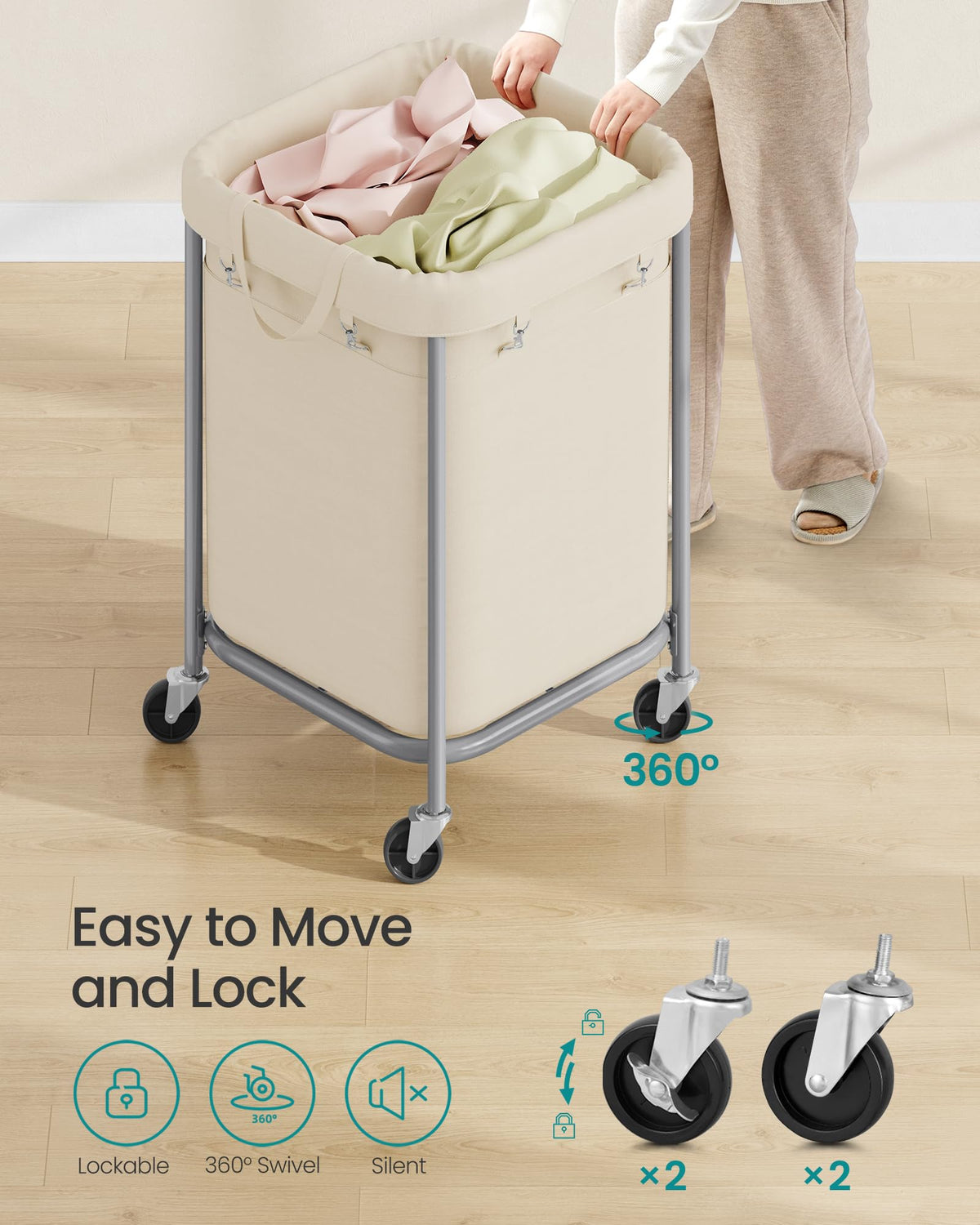 SONGMICS Laundry Basket, Rolling Steel Frame with 2 Locking Wheels, 170 L