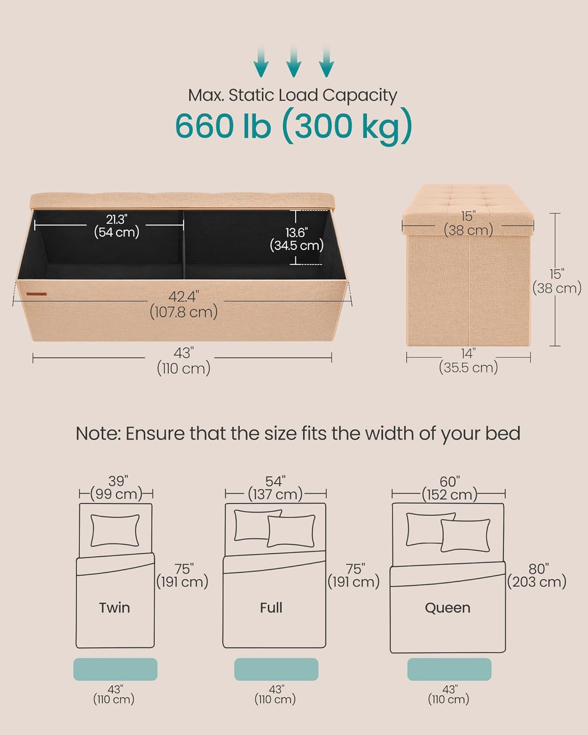 SONGMICS Mazie Collection - Storage Ottoman Bench, 43 Inches Folding Foot Rest Stool, End of Bed