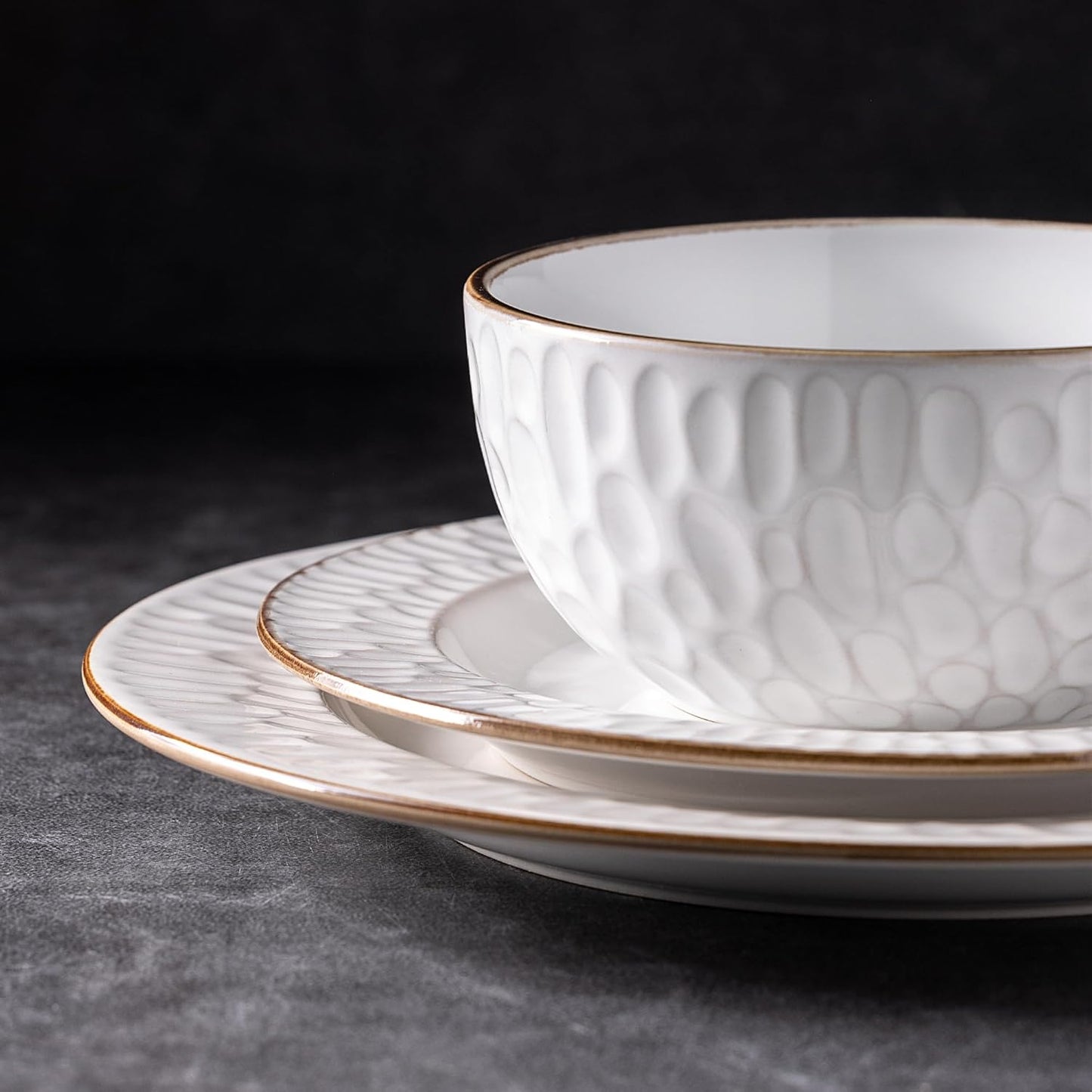 GBHOME Ceramic Dinnerware Sets, 24 pcs Embossed Elegant Stoneware Plates and Bowls Sets
