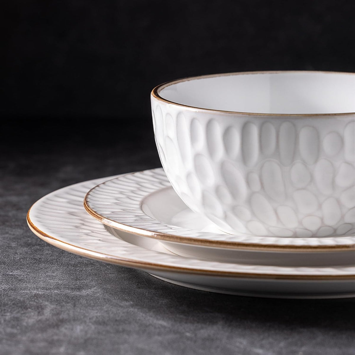 GBHOME Ceramic Dinnerware Sets, 24 pcs Embossed Elegant Stoneware Plates and Bowls Sets