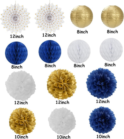 Navy-Blue White Gold Party Decorations - 14pcs Kits Paper Lanterns Fan,Tissue Flower Pom Poms